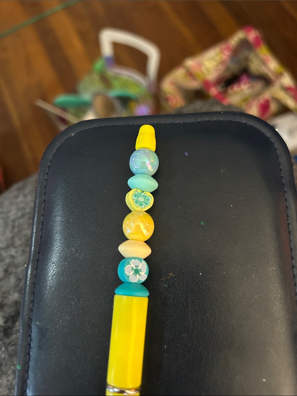 Yellow and Teal Kids Bead Pen - Decorative Floral Beads